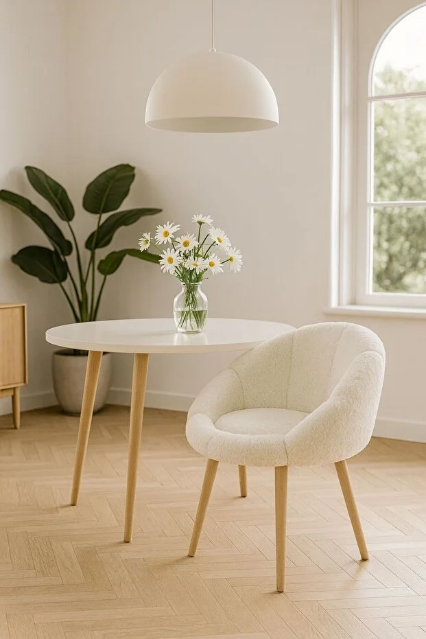 Papatya Kırık Beyaz Peluş Kumaş Yemek Masası Sandalyesi, Makyaj Masası Sandalyesi